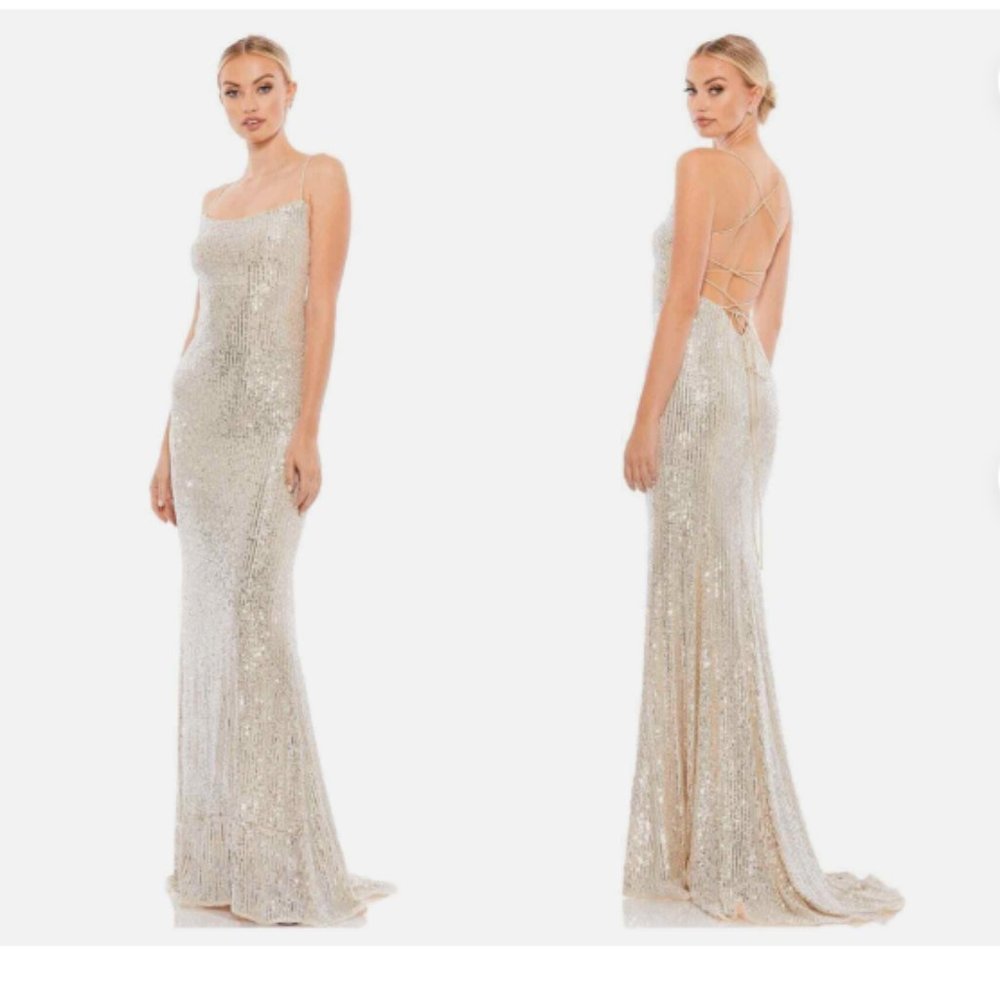 MAC DUGGAL 26269 STRETCH SEQUIN LACE UP BACK EVENING SILVER/NUDE GOWN sz 4